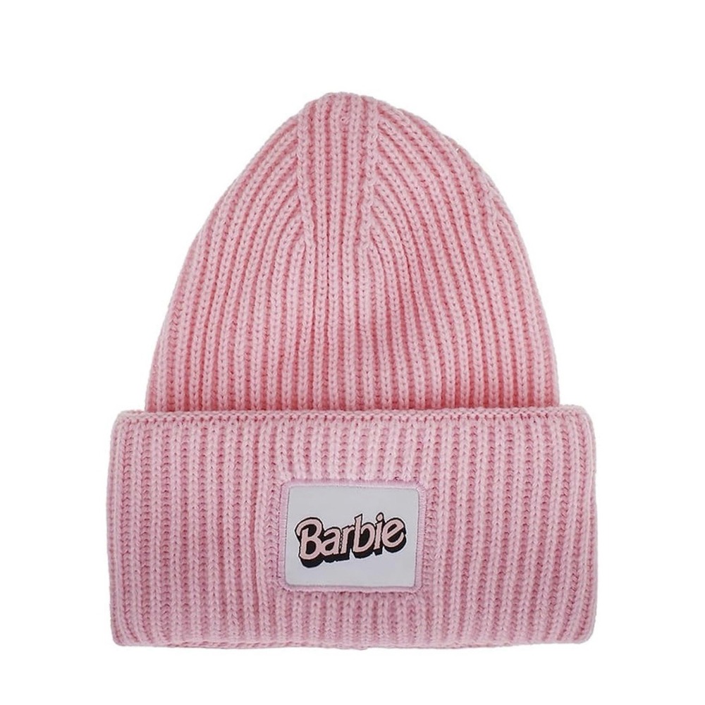 Barbie Ladies Oversized Cuff Beanie Soft Pink Woven Patch Women Winter‎ Snow